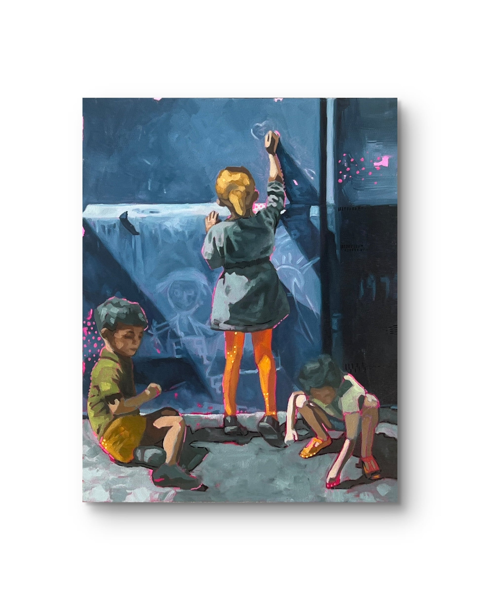 A vibrant painting depicting three children playing with chalk, captured in florescent colors with a focus on the kids and a grayed background.