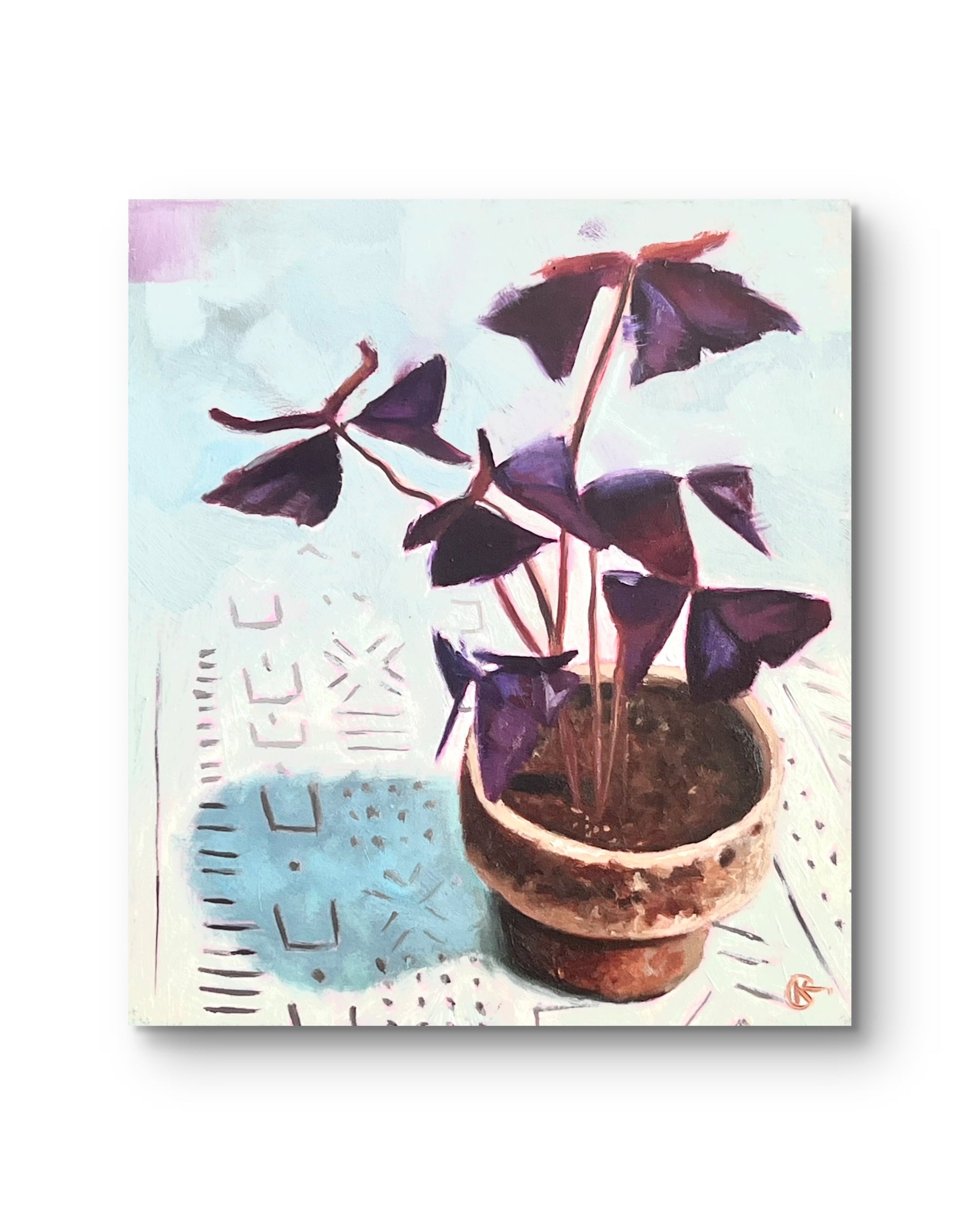 “Oxalis Triangularis botanical oil painting in indigo blue, 7x8 inches”
