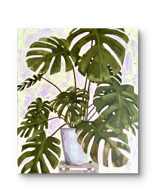 “Monstera No.1 botanical oil painting on canvas, 20x24 inches, green tones”